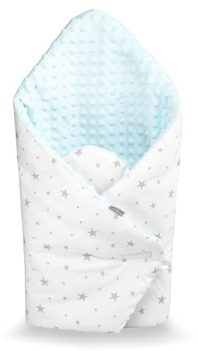 Sevira Kids Pucksack – Winter – Baby – Mehrzweck – 100% Baumwolle – Minky wendbar – Einschlagdecke – Geschenk zur Geburt – Stella blau – 80 x 80 cm