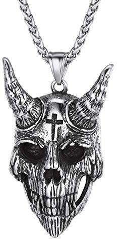 PROSTEEL Herren Edelstahl Satan Verehrung Ziege Kopf Anhänger Halskette Ziege Horn Schädel mit 60cm Weizenkette Glückbringer Amulett Modeschmuck Accessoire für Männer Jungen