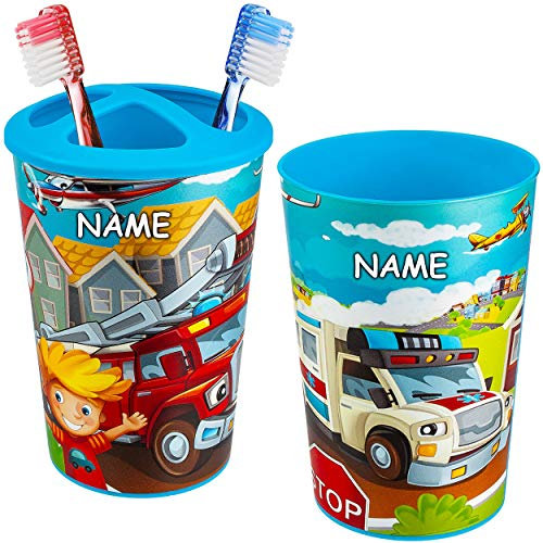 alles-meine.de GmbH Badezimmerset: Zahnbürstenhalter + Kinderzahnputzbecher - Auto - Fahrzeuge & Feuerwehr - inkl. Name - Zahnputzset - Zahnbürstenbecher - für Zahnbürste - Beche..