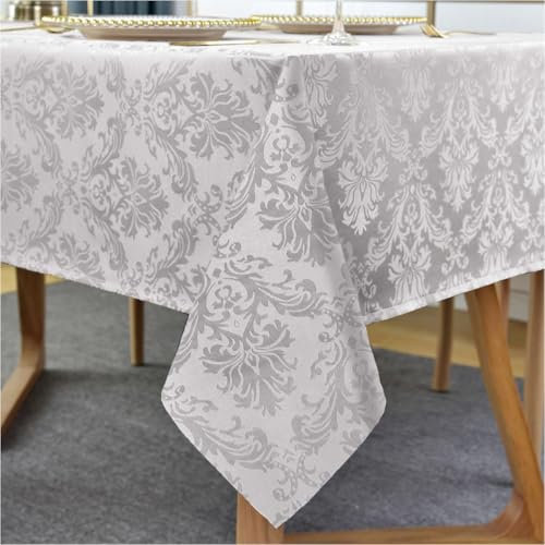 SASTYBALE Rechteckige Tischdecke - 132 x 182 cm Grau Damast Tischdecke Jacquard Design Auslaufsicher Knitterfrei Wasserdicht Weich Polyester Länglich Tischdecke für Küche Party Tischplatte