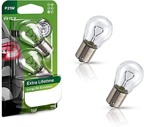 2x Philips EcoVision P21W 12V 12498LLECOB2 Extra Lifetime Weiß High Tech Ersatz Halogen Birne für Tagfahrlicht Rücklicht Bremslicht Hecklicht Blinker E-geprüft