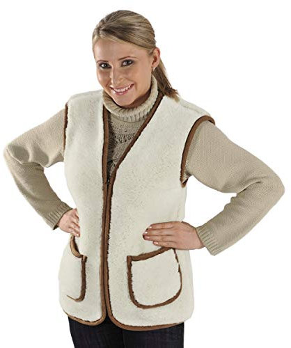 Damen Wollweste Milano mit Reißverschluss 100% natürliche Schafwolle kuschelig warm Größe XL, Farbe Braun/Weiß