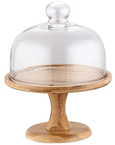 Gâteau Stand avec en Bois Pieds Assiette À Gâteau Serveur avec Cloche De Verre Vitrine Cupcake Dessert Plateau Plateau pour Le Fromage Pâtisseries 255Mm