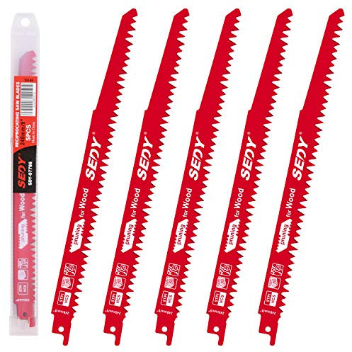 BRIMIX 5 Hojas de sierra de sable 240 mm 5 TPI para corte rápido y preciso en madera seca, humeda, podar ramas y árbol. Con estuche de plastico.