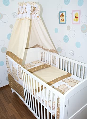 Primawela Baby Bettset Bettwäsche mit Himmel Vollstoff - Bärchen Braun - Bettausstattung Set (5 teilig)