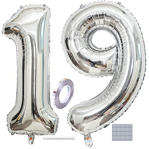 Shikuer Luftballons Zahl 19 Riesen Folienballon Nummer 19 Silber Damen,Luftballons 19. Geburtstagdeko, 40 Zoll Helium Ballons Aufblasbar Zahl 19 Silber für Geburtstag, Hochzeit, Jubiläum XXL
