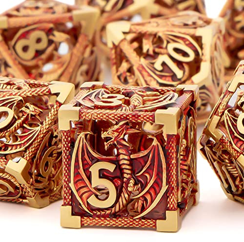 KERWELLSI Hohles Metall-Würfel-Set DND mit Box, 7 Stück Gold Red Dungeons and Dragons Polyedrische D&D Würfel-Sets, 20 Seiten D und D D+D RPG Rollenspiele Würfel D20 D12 D10 D% D8 D6 D4