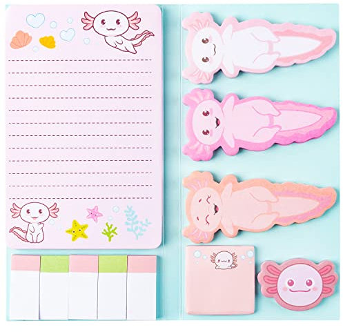A1DIEE Axolotl Sticky Notes Nette Cartoon Pastell Memo Set Mexican Walking Fish Self Stick Index Sticky Tabs Page Markers Stationäre Lesezeichen Aufkleber Geschenke für Mädchen Büro Schule Supplies