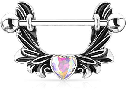 beyoutifulthings Brustwarzen-piercing Engels-flügel Kristall-Herz Silber Brust-piercing Nippel-piercing Intim-piercing Chirurgenstahl Stab 13-mm