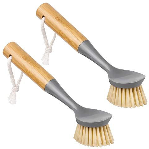 Wooden Dish Brush 2PCs, Built-In Scraper with Long Bamboo Handle Washing Up Brush Scrubbing Suitable for Cleaning Pans Pots Countertops and Kitchen Sinks