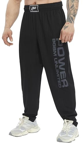 BIG SAM SPORTSWEAR COMPANY Men's Baggy Sweatpants with Pockets, Oldschool Loose Fit Gym Pants (Black Basic, L)
