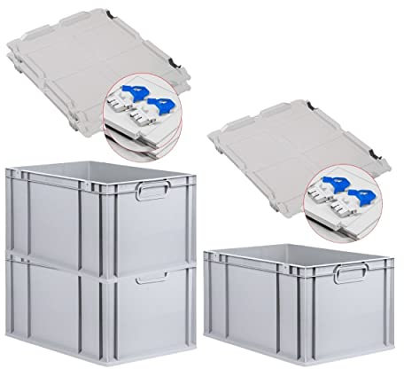PROREGAL SuperSparSet 3x Eurobox NextGen Grip mit Scharnierdeckel und blauen Schiebeschnappverschlüssen, HxBxT 32x40x60cm, 65 L, Grau, Griffe geschlossen, Eurobehälter, Transportbox