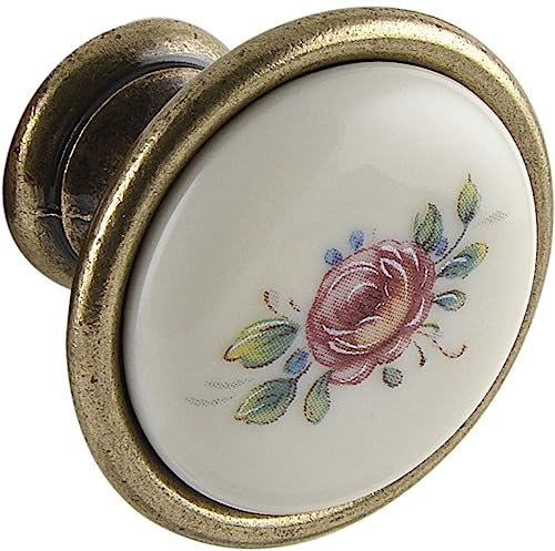 SCHÖRGHOFER & FREHE Bouton de meuble rose Ø 34 mm – Poignée en porcelaine style maison de campagne – Bouton de porte pour meubles, porcelaine peinte, zinc moulé sous pression laiton vieilli