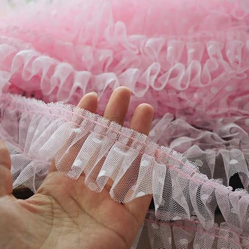 HIROYI 3/5/10 Yards 5 cm breiter Tüll-Mesh-Plissee-Stoff, bestickte Punkte, Spitzenkragen, Band, Rüschenbesatz, Kleid, Bekleidung, DIY, Nähen, Dekor