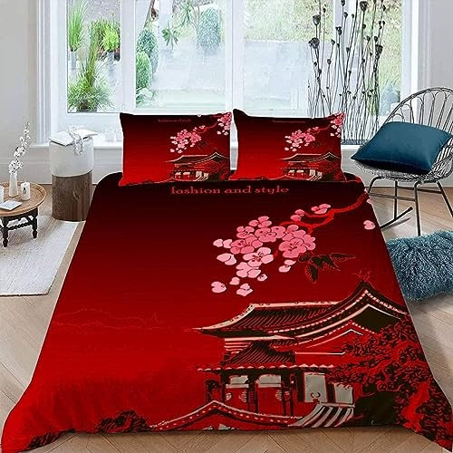 XLYYDS Housse de Couette 240 x 260 Fleur de Cerisier Japonaise, Parure de Lit Rouge Japonais 2 Personnes, Imprimée Microfibre Housse Couette Fleur de Cerisier Japonaise, 2 Taies d'oreiller 65x65 cm