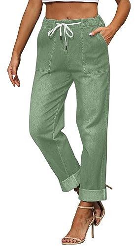 Jean coupe droite pour femme - Taille élastique - Pantalon long en denim avec cordon de serrage - Décontracté, X01 - Vert, M
