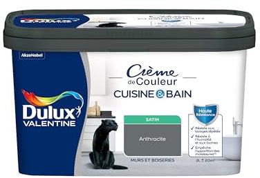 Dulux Valentine Peinture Intérieure Crème de Couleur Cuisine et Salle de Bain - Pièces Humides Murs et Boiseries - Résistant aux taches et à l'humidité - Satin Anthracite 2 L