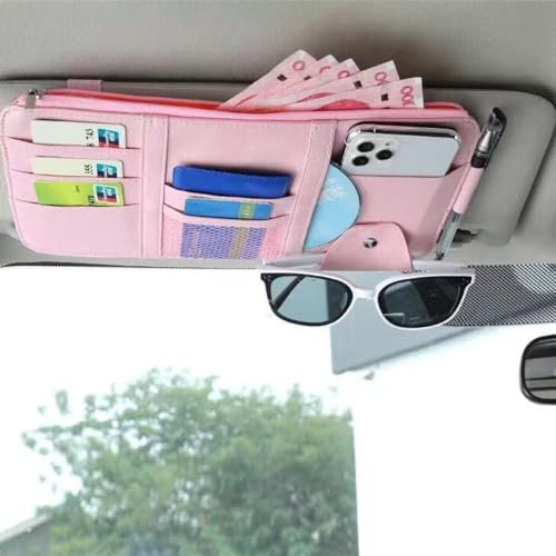 Wambere Car Sun Visor Organiser, PU Car Glasses Organiser, Car Sun Visor Bag with Multiple Pockets, Car Interior, for Sunglasses, Driving Licence, Cards, Keys, Pen, Mobile Phone, Pink
