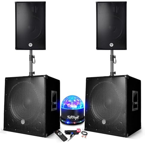 Pack sonorisation - BM Bmsonic BMS-151515-3000W - Enceintes DJ 15 + 2 Caissons 15 + Pieds - USB/BLUETOOTH, Jeu de lumière LED