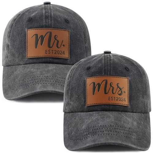 2 STÜCKE Mr and Mrs EST 2023 Hüte für Männer Frauen, verstellbare gewaschene Baumwolle 3D bestickte Geschenke Baseballkappe …, Mr Mrs 2024 Leder Schwarz, Einheitsgröße