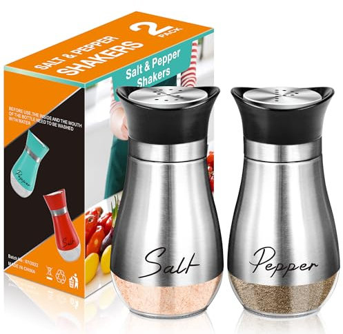 Salt and Pepper Shakers Set - 120ml with Clear Glass Bottom Salt Pepper Shaker, with Stainless Steel Lid Salt Shaker, Refillable Spice Dispenser for Home Kitchen Cooking Camping BBQ - Silver