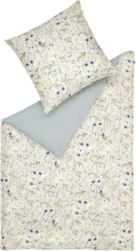SCHÖNER WOhHNEN Premium Satin Bettwäsche 155x220 Grau mit Blumen Muster - Bettwäsche-Sets 2teilig - Bettwäsche Frühling 100% Baumwolle - 1 Bettbezug & 1 Kissenbezug 80x80