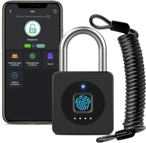 Eseesmart Smart Lock - Schloss mit Fingerabdruck Bluetooth APP iWatch Öffnen, Vorhängeschloss Fingerabdruck mit Kabelschloss, Wasserfest Vorhängeschloss fur Spind fahrrad Gym