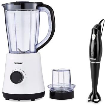 GEEPAS 500W Electric Jug Blender and 180W Black Hand Blender Combo set, Stainless Steel Blades, 2 Speed with Pulse Function, 1.5L Jar Coffee Grinder Mill, Food Processor Hand Blender - Black