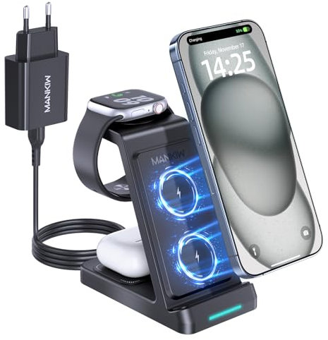 MANKIW Ladestation für Apple Watch und iPhone, 3 in 1 Ladestation für iPhone 16/15/14/13/12/11/X Serie, Apple-Watch 10/9/8/7/6/5/4/3/2/SE, AirPods 4/3/2/Pro