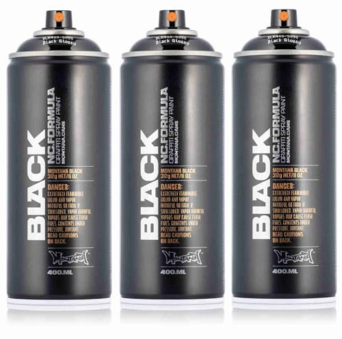 Montana BLACK - Sprühdosen schwarz glänzend - 3x400ml, Sprühlackfarbe mit erhöhtem Glanzgrad zum Lackieren und Dekorieren von Glas, Metall, Holz, Keramik, Kunststoff, Leinwand