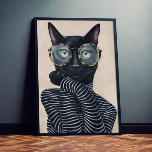 Dekomundo Schwarze Katze mit Brille Kunstdruck Poster Wandkunst für Wohnzimmer, Schlafzimmer,Kinderzimmer, 50x70 cm