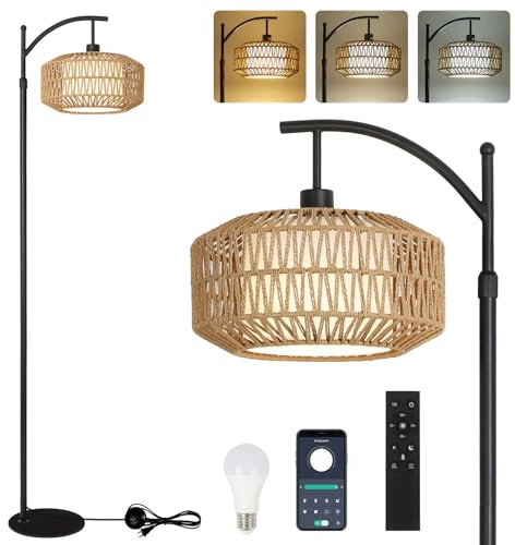Rayofly Arc Floor Lamps for Living Room, Dimmable LED Floor Lamp with Remote Control, Boho Standing Lamp with Rattan & Linen Lampshades, Black Corner Floor Lamp for Bedroom Office, Smart Bulb Included