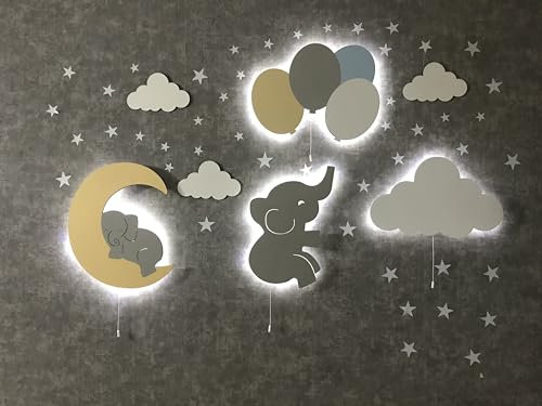 Furpinea Kinderzimmer Lampe 4er Set Mond, Wolke, Elefant und Ballon, Babyzimmer Schild Wand Nachtlicht Wolkenform Geschenk Baby Montessori Schlafzimmer Lampe Dekor