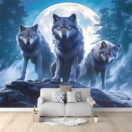 Vlies Fototapete Tier Wolf Mond 3D Effekt 300 x 210 cm - Foto Tapete Schlafzimmer Wohnzimmer Moderne Vliestapete UV-Beständig Wandtapete Motivtapeten Dekoration