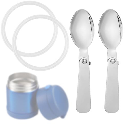 2pcs Stainless Steel Spoons & 2pcs Gaskets Compatible with Thermos Funtainer 10OZ Food Jars, Foldable Spoon Replacement Spoon Dishwasher Safe
