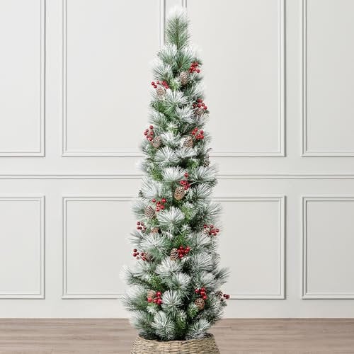 CHRISTOW 5ft Pencil Christmas Tree with Snow Pine Cones & Berries, Luxury Artificial Slim Spruce Indoor Home Decoration with Stand, Natural Looking PE & PVC Needles (tree skirt not included)
