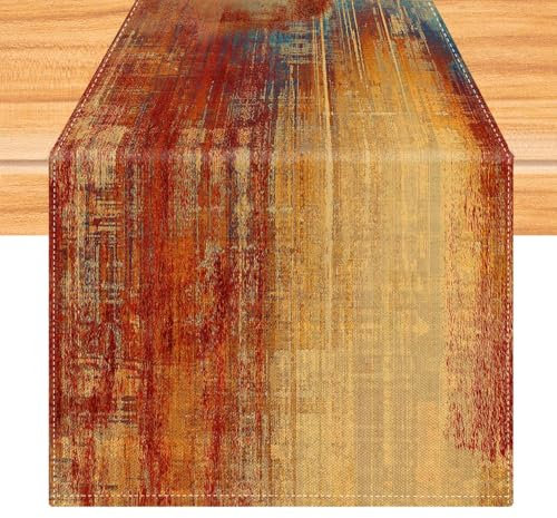 Tischläufer Orange und Blau 33 x 183 cm Tischdekoration Modern Kunst Gemälde Bunt Tischläufer Kurz Abwaschbar Tischdeko für Weihnachten Party Hochzeiten Feiertage Geburtstag Küche Deko
