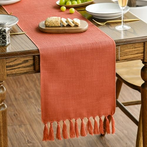 Artoid Mode Terracotta Orange Landhausstil Quasten Tischläufer, Waschbar Küche Tisch Dekoration Party Geburtstag Hochzeit Dekor 33x243 cm