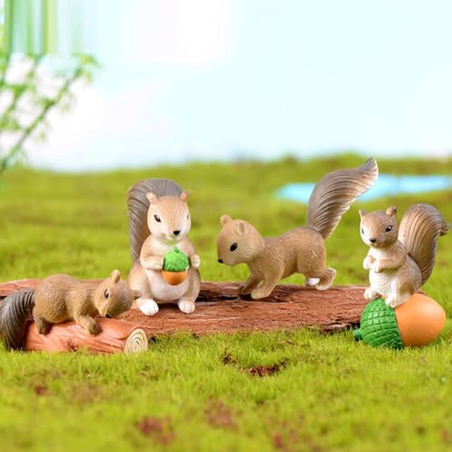 KARLOR Mini Eichhörnchen Figuren, 4 PCS Set Eichhörnchen auf Baumstamm Tannenzapfen Miniatur Eichhörnchen Ornamente Tier aus Harz Mikro-Landschaftsdekoration Topfpflanzen Deko Gartendeko