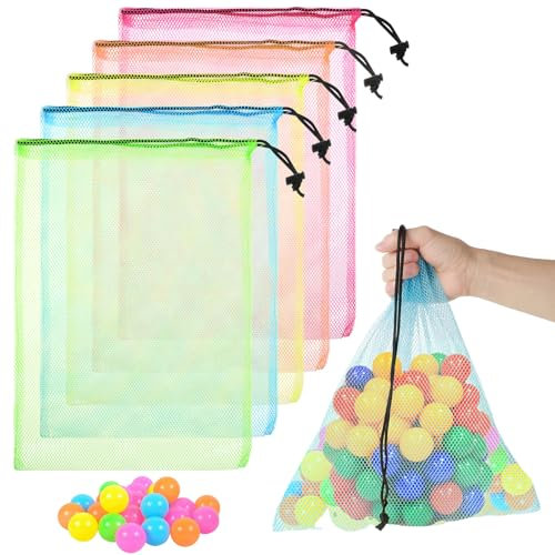 LLOUSSAK 5PCS Colour Nylon Mesh Drawstring Bags, Mesh Drawstring Bag Laundry Mesh Bags Mesh with Cord Lock ball bag for Basketball, Volleyball, Football, Golf Stuff Balls