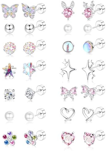 FIOROYAL 14 Paar Hypoallergene Ohrringe Mädchen Kinder Gesundheitsstecker Chirurgenstahl Ohrringe Set für Damen Mädchen, Schleife Perlen Herz CZ Schraubverschluss Medizinische Ohrstecker