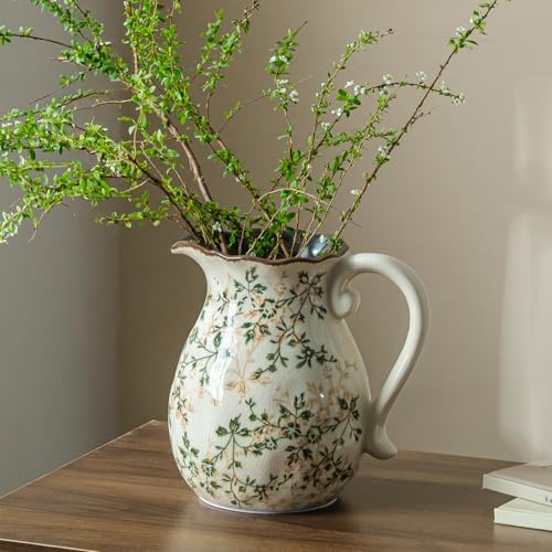 Ceramic Flower Vase for Home Decor, Vintage Green Pitcher Vase 8 Inch | Rustic Farmhouse Floral Vase for Kitchen, Coffee Table, Living Room, Mantel, Bookshelf, Entryway, Wedding Centerpiece