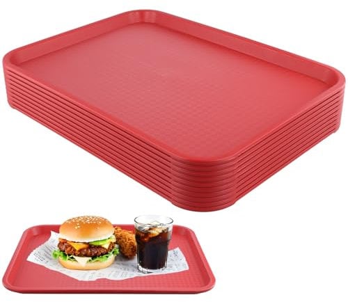 LEXININ 10PCS 41 x 30cm Red Plastic Fast Food Tray, 12 x 16 Inch Rectangular Cafeteria Trays, Plastic Serving Trays for Cafeteria Restaurant Fast Food
