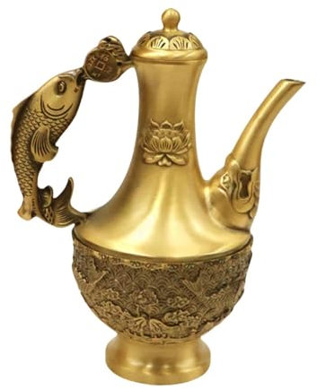 Milageto Messing-Teekanne, Teekessel, multifunktional, leicht zu reinigen, Wasserkrug im chinesischen Stil, Getränkekrug für Büro, Innen-Bücherregal, Fisch