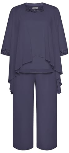 Hanna Nikole Women's Plus Size Chiffon Round Neck Evening Suit Sets for Weddings, Elegant Vintage 2-Piece Mother of The Bride Trouser Suit, Round Neck Shirt Charcoal Gray 16