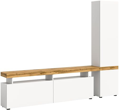 xonox.home Wohnzimmer Sugar Wohnwand TV-Möbel Wohnkombination Wohnzimmermöbel Wohnzimmerschrank Möbelkombination Wohnzimmerset in weiß melamin Absetzung Wotan Eiche melamin, ca.235x190x30 cm