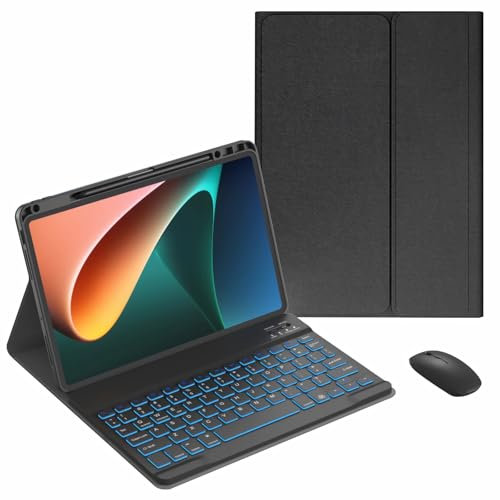 JZCZMCE Keyboard Case for Xiaomi Pad 6S Pro 12.4 inch 2024, 7 Color Backlit, Built in Pencil Holder, Magnetic Detachable Wireless Keyboard with Bluetooth Mouse,Black