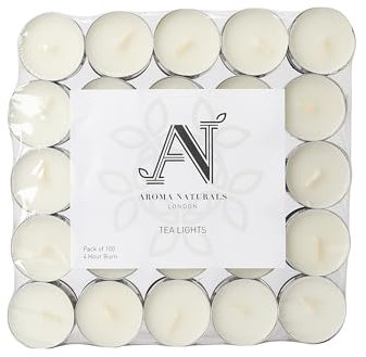 Aroma Naturals London Unscented Tealight Candles Pack of 100 | 4-Hour Slow Burn Time | Standard Size D3.8 x H1.45cm | White Wax Candlelight | Aluminium Cups Tea Lights | Bag of (100) Halloween Candles