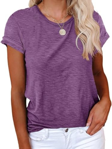 Cicy Bell T-Shirt Damen Kurzarmhemden für Damen Oberteile Rundhals Casual Locker Lässig Sommer Baumwolle T-Shirts Lila L