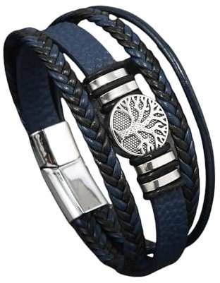 HUIANGLIYG Bracciale Uomo,Bracciale da Uomo in Pelle intrecciata con Albero Della Vita, Multistrato, Fatto A Mano, con Chiusura, Bracciale Rigido Vichingo Vintage per La Festa Del Papà, Blu Scuro,
